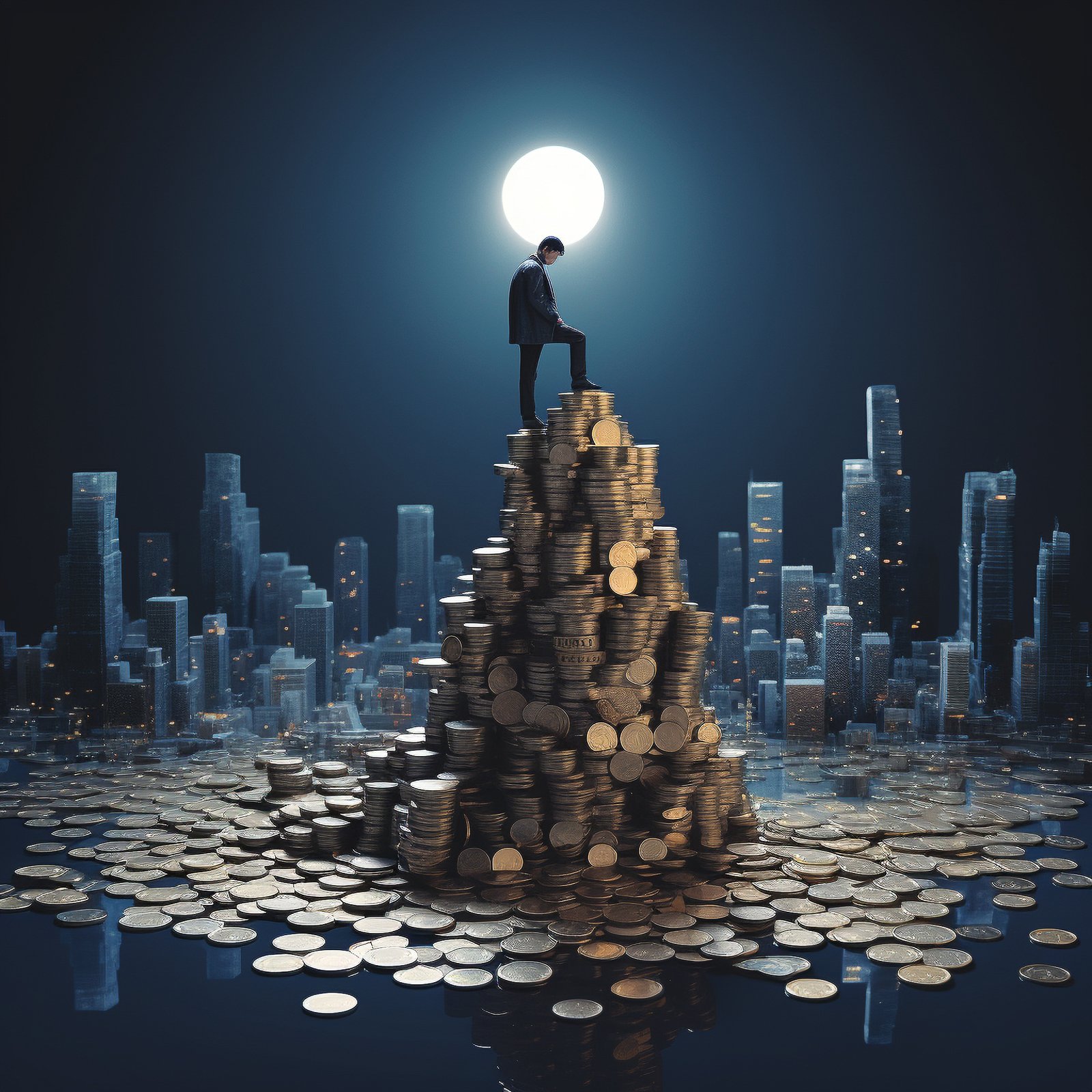 Money 013 people business idea on top of stack of coins, in the style of atey ghailan, chen zhen, dark silver and dark navy, reflections, cinestill 50d, relief