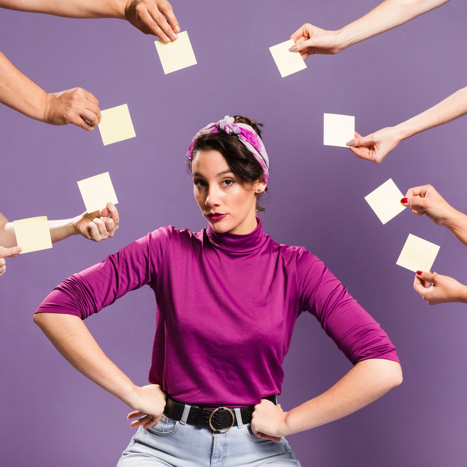 woman-surrounded-by-hands-sticky-notes woman-surrounded-by-hands-sticky-notes